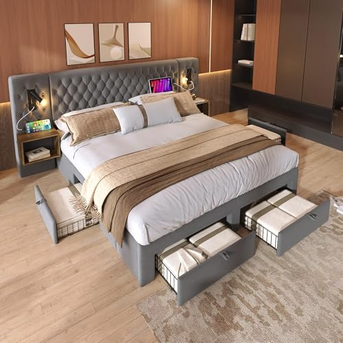 Yrxin Set completo per camera da letto, letto matrimoniale, 160 x 200 cm, con 2 comodini e 4 cassetti, testiera con funzione di ricarica USB, tessuto di velluto (grigio con materasso)