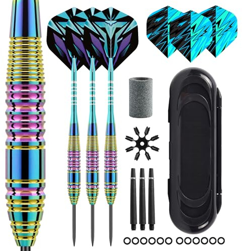 WinRoot 3 fléchettes 23g Fléchettes à Pointe Acier, Barillet Dégradé Multicolore, Tige en Aluminium Bleu, Ailettes Pet, avec Protège-Ailettes et Étui