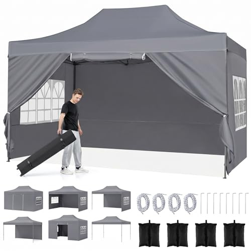 COSTWAY Carpa Plegable 3x4m, Pabellón Gazebo Pop-up con 4 Paredes Laterales Desmontables, 3 Alturas Ajustables, Bolsa con Ruedas, Cenador Exterior Impermeable para Patio Jardín Boda (Gris)