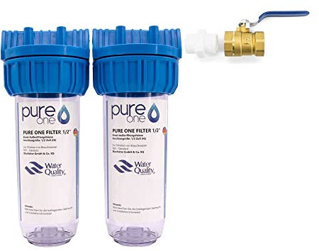 PureOne Doppel Filtergehäuse - Leergehäuse 10 Zoll mit 1, 3/4 oder 1/2 IG Anschluss. Für 10 Zoll Wasserfilter. Brunnenwasser, Zisterne, Hauswasserwerk. Inklusive Teflonband und Absperrhahn