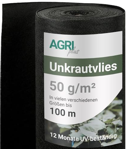 AGRI plus Unkrautvlies I 1,2 x 25 m I Verschiedene Maße I Reißfestes 50 g/m² Polypropylen Vlies für den Außenbereich I Gartenvlies gegen Unkraut I Vlies wasserdurchlässig & UV-beständig