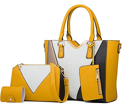 NICOLE & DORIS Handtaschen Damen Groß Frauen Tasche Elegante Schultertaschen V-förmiger Farbblock Tote Bag 4-teiliges Set Gelb