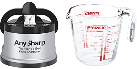 AnySharp Knife Sharpener with PowerGrip, Silver, One Size & Pyrex Measuring Jug 500ml | Capacity 568ml / 20 Ounce | P586