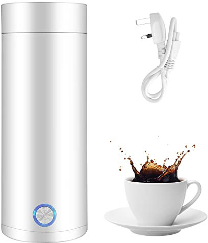 Portable Travel Kettle, 3 in 1 Mini Electric Heating Cup, 400ML Stainless Steel Travel Heating Mug, Fast Boil and Auto Shut Off Hot Water Heater Thermos for Tea/Coffee/Milk/Fast Food - White