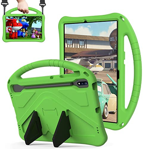 QYiiD Kids Barn Fall för Galaxy Tab S7+/S7 Plus 2020(12.4 Inch) with S Pen Holder, Light Weight Shock Proof Protective with Convertible Handle Stand Shoulder Strap för Galaxy SM-T970/T975/T976, Green