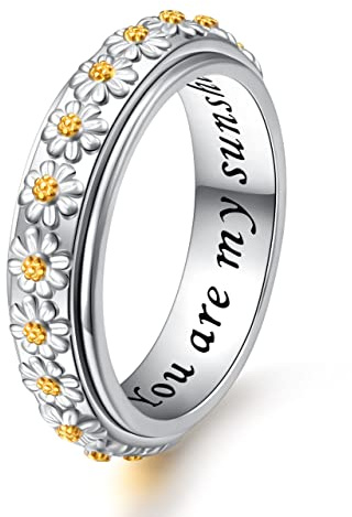Flyow Daisy Anxiety Relieve Spinner Rings You Are My Sunshine Flower Fidget Ring Sterling Silver ADHD Stress Relieving Ring for Women Girls (U 1/2)