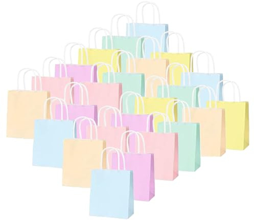 24 pcs Coloured Paper Party Bags with Handles, Small Sweet and Gift Bags for Kids Party, Birthday, Wedding, Parties Supplies(Macaron-12×6×15cm)