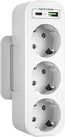 Ladron Enchufes 3 Tomas Vertical, Enchufe Multiple USB C Cargador,Enchufe Triple Pared con 3 Enchufes Schuko Portátil Adaptador Multi Enchufe Trifasico Doble USB Multiplicador Enchufe Plano,Blanco