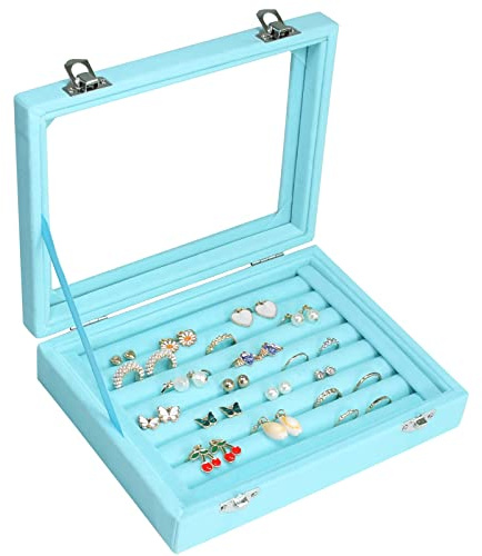 Vicoter Rings Organizer Tray 7 Slots Velvet Jewelry Earring Storage Box with Transparent lid Jewelry Display Case for Girls Wife Mom Women (Light Blue)