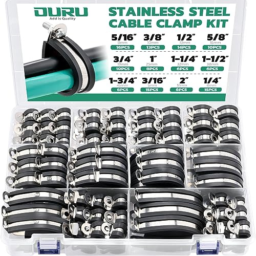 OURU 125PCS Cable Clamp,12 Sizes Stainless Steel Rubber Coated Cushioned Insulated Cable Clamps Assortment Kit-Metal Wire Clamps,Cable Clips,Pipe Clamps