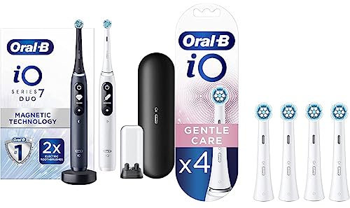 Oral-B iO7 2X Electric Toothbrushes with Magnetic Technology, Gifts for Women/Men, Black/White & iO Gentle Care Electric Toothbrush Head, Twisted & Angled Bristles for Deeper Plaque Removal, White