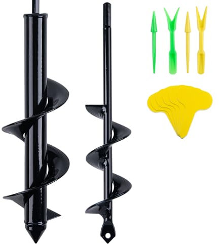 CHANGEMOORE 8X30cm+4x22cm Garten Schnecken, Gartenbohrer Erdbohrer für akkuschrauber zum 2 Set kleine Schaufeln and 100 Stück Pflanzetiketten, Solider Kernschaft Pflanzbohrer Erdbohrer