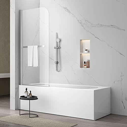Sunrosa Porte de douche pivotante de 86,4 x 147,3 cm, porte de douche pliante en verre trempé, porte de douche en verre sans cadre avec barre porte-serviette, porte de douche pour baignoire en chrome