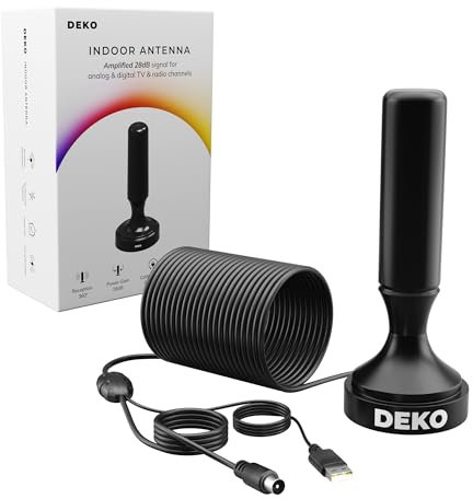 DEKO Antena DVB-T DVB-T2 con amplificador, antena interior HDTV para televisores, gran alcance y recepción de 360°, con base magnética, cable de 5 metros, soporta canales 4K HD y todos los