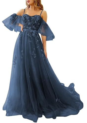 Generico Abiti da Ballo in Tulle con Spalle Scoperte per Adolescenti Abiti Formali con Applicazioni in Pizzo Abiti da Sera Formali con Spalline Sottili E Linea Ad A Navy Blue M