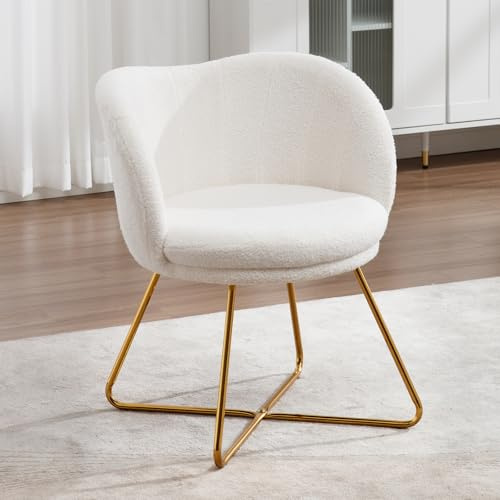 Ya-Home Poltrona Imbottita Sedia da Salotto Poltroncine Salotti Moderni con Gambe in Metallo Oro Poltroncina in Pelliccia Sintetica per Camera da Letto/Soggiorno,Bianco