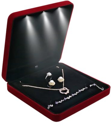 Shengxi Conjunto Joyas Terciopelo, Expositor para Collares con Luz LED Set de Joyería Caja Almacenamiento Joyas Caja de Regalo Terciopelo con LED para Mujeres Collar de Joyas Pendientes (Rojo Vino)