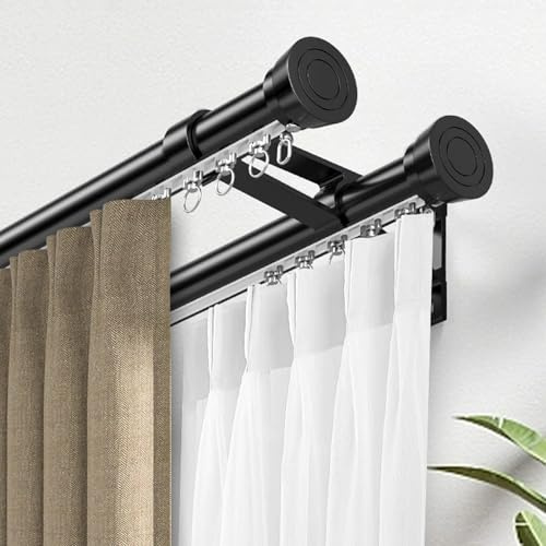 Barras de cortina dobles con riel, barras de metal para cortinas y cortinas, barras de cortina ajustables con tapa final (negro, 110 cm)
