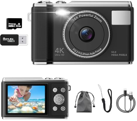 Appareil photo numérique, UHD 4K 50MP Autofocus Vlogging avec carte SD de 32 Go, anti-secousses, écran LED de 2,83, zoom 16x, grande batterie rechargeable, appareil photo numérique compact pour