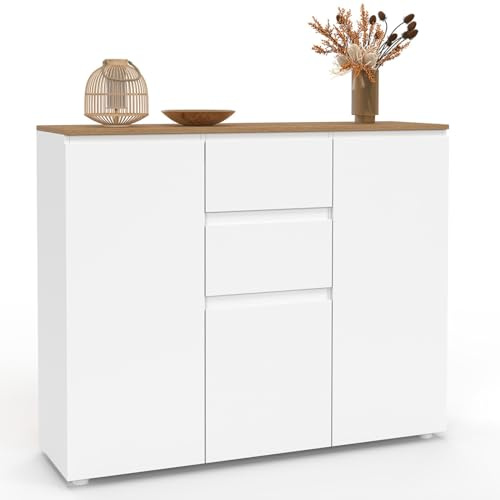 IDMarket - Buffet 100 cm Toby 3 Portes 2 tiroirs Blanc et Plateau Bois