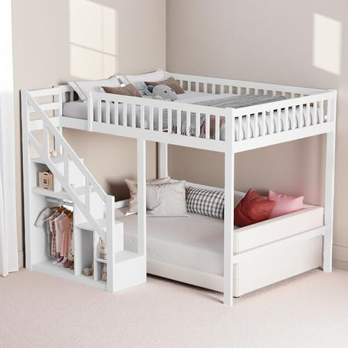 JYNVO Litera 90 x 200 cm, Cama Alta para niños con Escalera de Almacenamiento integrada, Cama Alta con Rejilla Protectora, Cuna de Madera de Pino, Blanco, sin colchón