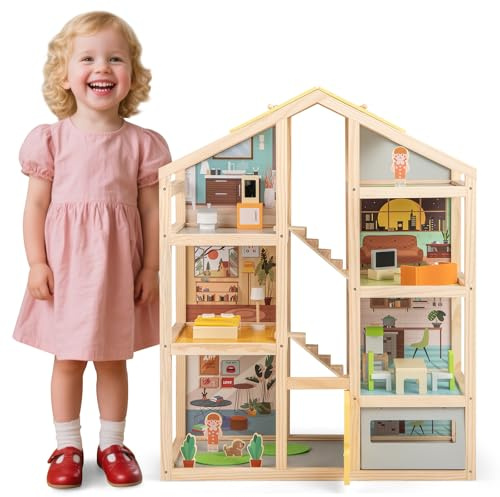 COSTWAY Maison de Poupée Fille en Bois à 4 Étages avec 7 Pièces & 21 Mobiliers & 3 Figurines, Maison de Rêve avec Escaliers Mobiles & Porte Ouvrables, Jeu d’Imitation pour 3 Ans+, 60x30x75 cm