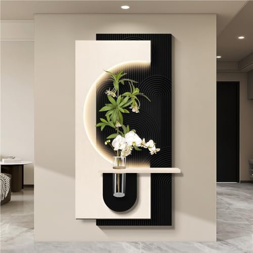 3D Wall Art with LED Light, Modern Layered Relief Wall Sculpture with Vase, Sandstone Decorative Painting for Living Room, Bedroom(White)
