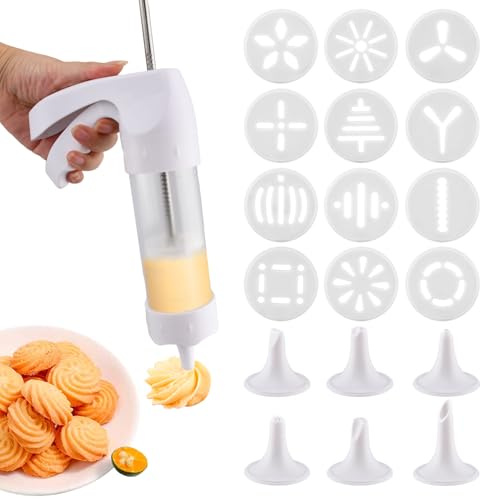 Cookie Press Gun, Icing Gun Kit with 12 Cookie Discs and 6 Piping Tips, Biscuit Maker Machine for DIY cake Maker Decorating Baking Supplies(White)