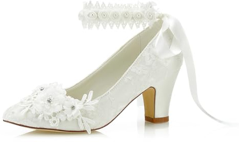 JIAJIA 62311B Women's Bridal Shoes Closed Toe 2.8 Chunky Heel Lace Satin Pumps Satin Flower Ribbon Tie Wedding Shoes Colour Ivory,Size 5 UK/38 EU