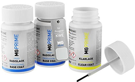 MG PRIME Autolack Lackstift Set für Peugeot KWE Blanc Nacre/Perlmutt Weiss Metallic Grundlack Basislack Klarlack je 50ml