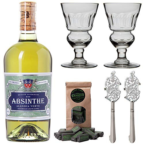 Absinth Set ALANDIA Verte | Mit Goldmedaille prämiert | Traditionelles 19. Jh. Rezept | 2x Gläser 2x Löffel 1x Zucker | (1x 0,5 l)