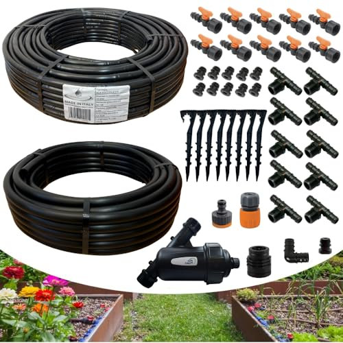 acquaverde | Kit Irrigazione a Goccia Orto da 100 mq con Ala Gocciolante 2 l/h passo 50 cm, Impianto Completo di Raccordi e Filtro, Sistema Irriguo ideale anche per Piante e Giardino – MADE IN ITALY