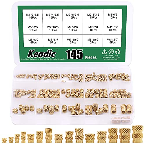 Keadic - Set di 145 dadi filettati M2, M3, M4, M5, M6, in ottone, con inserti filettati femmina per la stampa di stampanti 3D e altri progetti