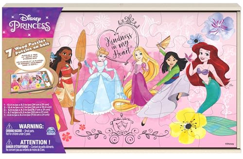 Spin Master Games, Disney Princess Puzzles, 7-Pack, Jigsaw Kids Puzzles, 12, 16, & 24 Pieces, Featuring Ariel, Tiana, Rapunzel, Pocahontas, Storage Tray, for Ages 4 & Up