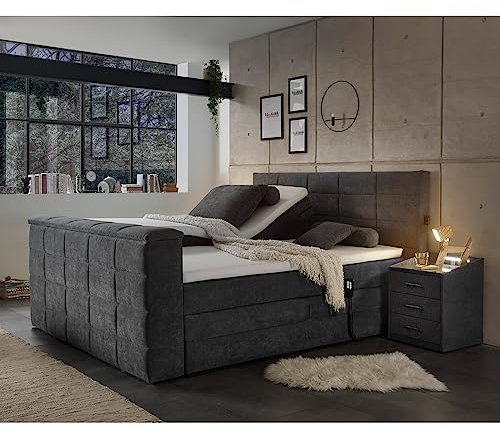 Lomadox Boxspringbett 180x200 cm elektrisch verstellbar mit TV-Halterung | Doppelbett in anthrazit mit Härtegrad H2