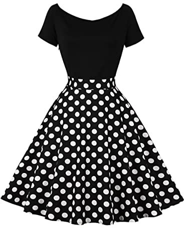 Rockabilly Kleider Damen Vintage Gepunktet Schulterfrei Kurzarm A-Linie Partykleid 50er Jahre Retro Schwingen Kleid Faltenrock Festliches Cocktailkleid Midi Abendkleid Elegant f?r Hochzeit Schwarz S