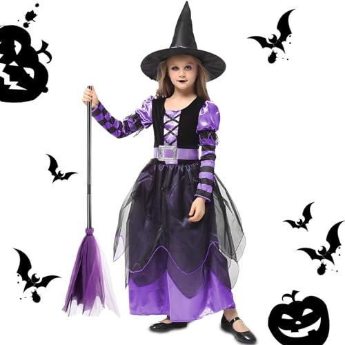 NCKIHRKK Vestito Strega Halloween per Bambina, Halloween Costume de Strega con Cappello, Scopa, Cintura, Vestiti Halloween Carnevale per Bambina 7-8 Anni