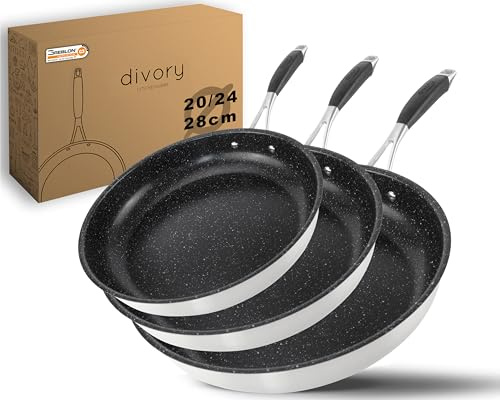 DIVORY Stekpanna i rostfritt stål 20, 24, 28 cm induktion I non-stick belagd stor stekpanna för alla typer av spisar I ergonomiskt handtag, diskmaskinssäkra (handtag: silver)