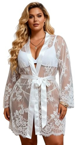 comeondear Nuisettes Sexy Femme Kimono Dentelle avec Ceinture Chemise de Nuit Transparente Babydoll Lingerie Sexy Noir Pyjamas Peignoirs Robe de Chambre Grande Taille avec G-String(Blanc,3XL-4XL)