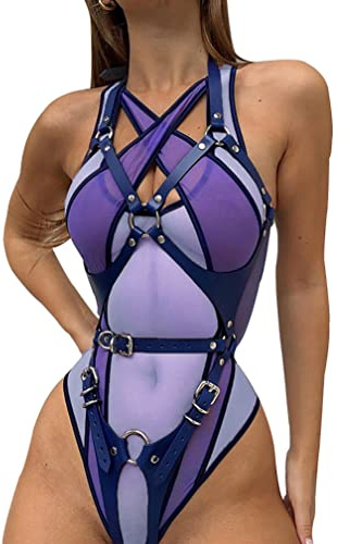 Pinwe Women’s Sexy See Through Mesh Bodysuit Hollow Out Sleeveless Criss Cross Bodycon Short Mini Leotard Top for Rave Festival