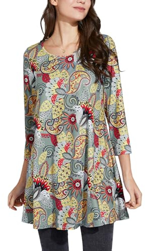 Enmain Tunique Femme Manche Longue 3/4 Grande Taille Chic et Élégante Chemisier Haut Ample Hiver Imprimée Col Rond T-Shirt Blouse Gris & Jaune 2XL