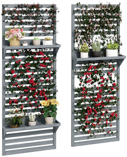 Outsunny Set of 2 Wall Mounted Plant Stand with Trellis, 170cm Wooden Plant Rack with Hanging Planter Shelves and Slatted Trellis for Climbing Plants, for Patio, Balcony, Porch, Grey