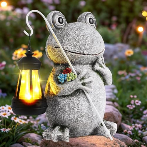 JJALIGHTS Solar Frosch Gartenfigur mit Laterne - Wetterfeste Gartendeko Statue für Draußen, Balkon, Terrassen - Geschenke für Frauen, Männer, Mama zum Geburtstag 23CM