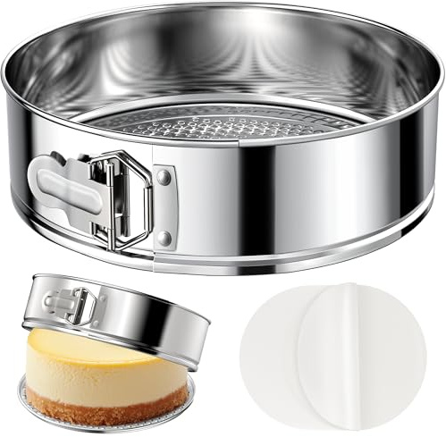 ZeroPone 25 cm 304 rostfritt stål springform panna med avtagbar botten, non-stick rund fjäderform ostkaka med 30 st pergamentpappersfoder