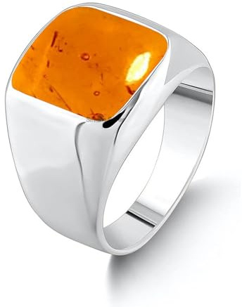 Amber Solid 925 Sterling Silver Cushion Shape Gemstone Men Signet Ring, Beautiful Handcrafted Christmas Gift for Fathers, Son, Boyfriend, Friend (US Ring size 11)