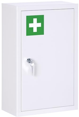 kleankin Armoire à Pharmacie Murale en Acier, Armoire à médicaments Murale à 3 Niveaux avec Porte verrouillable 2 clés, Meuble de Salle de Bain, Couloir, Salon, 30 x 14 x 46 cm, Blanc