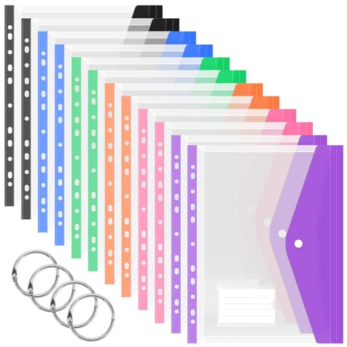 JEFURE A4 Plastic Wallets 12PCS, Colorful Punched Pockets, Expandable Plastic Folders with Label Pocket, Button and Ring Binders, Suitable for Office, School, Home