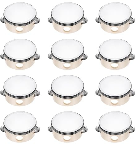 sourcing map 12 Pcs Tambourine Drum 4 Inch Wood Hand Held Tambourine Single Row Metal Jingle Percussion Musical Drum Instrument for Adults Church Wedding Party Games, Wood Color