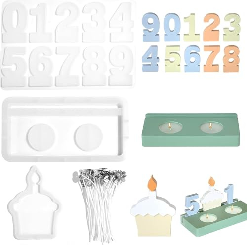 3 Piezas Moldes para Velas, Moldes de Silicona para Velas DIY Pastel de Cumpleaños, Moldes Velas Número, Moldes Silicona Velas para Velas De Té, Fiestas de Cumpleaños (Números, Inserto, Tarta)