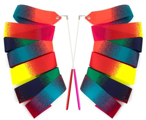 Ainkou 2 PCS Fun Gymnastics Ribbons 78.7 Inch Rhythmic Dance Ribbon Twirling Wands Baton Long Streamers for Artistic Dancing Training Party Circus Carnival Shows - Rainbow